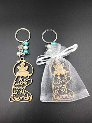 12Pcs Guardian Angel Blue Boy Wood Design Keychain Baptism Favors with Angels for BoyRecuerdos de Bautizo With Organza Bags
