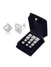 Anni Coco - Juego de 6 pares de pendientes de acero inoxidable bañados en oro de 18 quilates con circonita cúbica transparente de corte princesa, de 3 a 0.315 in
