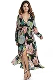 Zeagoo Women Chiffon V-Neck Long Sleeve Slit Floral Long Maxi Party Beach Dress