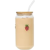 Greefun Coquette Aesthetic Can Glass Cup with Bamboo Lid and Straw, 16oz Cute Strawberry Tumbler for Smoothie, Iced Coffee Matcha Cup, Trendy Stuff Gifts for Women, Girl Gift