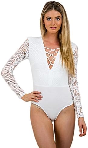 QIUXIA Womens White Sexy Bodycon Chiffon Lace-up Long Sleeve Tights Bodysuit L