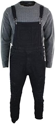 Mens Slim Fit Black Dungarees Jeans Ripped Denim Skater Washed Retro Urban Casual