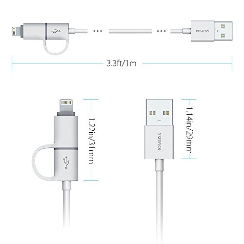 ROMOSS 2-in-1 iPhone and Android Charging Cable, Durable USB Data Sync and Charging Cable Cord for iPhone 8/8 Plus/X/7/7 Plus/SE/6/6 Plus/6S/6S Plus/5/5C/5S,iPad, Samsung and Android (3.3 FT, Grey) - Thumbnail 7