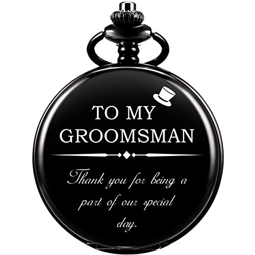 ManChDa Engraved Pocket Watch for Groomsmen, Roman Numerals Quartz Watch Gift for Men (Black)