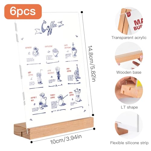 Eulihent 6 Pieces Plexiglass Display Stand A6 Table Display Stand Wooden T Shape Acrylic Sign Holder for Offices, Restaurants, Hotels (10 x 15 cm)