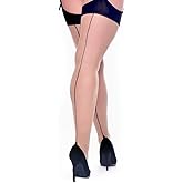 TightWorks Plus Size Thigh High Suspender Stockings, Vintage Sheer Denier with Black Seam, Sizes 4-20 [Made in Italy]