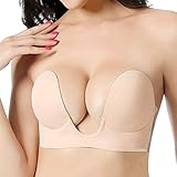 Gelma Invisible Adhesive Bra Silicone Backless Strapless Bra Women Push up Deep U Plunge Bra Nude Cup D