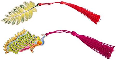 WONBSDOM Chinese-Style Metal Peacock&Leaf Bookmarks 2 Pcs Chromatic Color Golden Hollow with Red Chinese's Knotting Strap,Ideal Gift for Friends and Family​