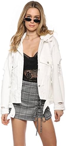 Brooklyn Karma Distressed Hoodie Denim Jacket White/L