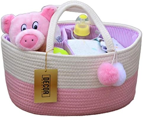 Decor Mantra Baby Diaper Caddy Organizer - Large Size (15.5 'X 10' X 7.8') Woven Cotton Rope Empty Basket with Removable Inserts - Baby Shower Gift - Newborn Baby Girl Essentials
