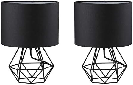 Frideko 2 Pack Modern Table Lamp with Fabric Shade and Hollowed Out Cage Style Metal Base for Bedside Bedroom Living Room Dining Room (Black-Black)