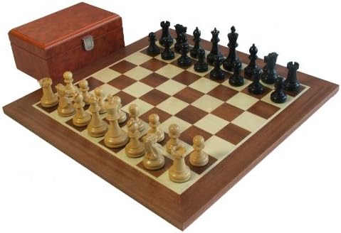 Executive Staunton Ebonised Chess Pieces, Mahogany Chess Board & Burl Chess Box