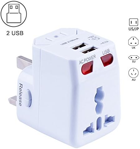 PowerKer Universal World Travel Power Adapter with 2 USB for Europe, Italy, Ireland, UK - Over 150 Countries &amp; Built-in Spare Fuse, AC Adapter Plug Adapter Wall Charger for iPhone, Android (White)