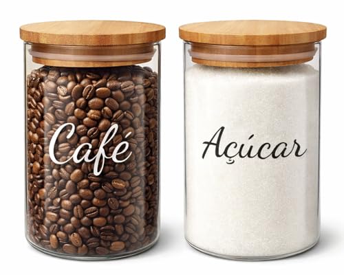 Potes Herméticos de Vidro com Tampa de Bambu 1200ml Conjunto com 2 Unidades para Café e Açúcar Transparente