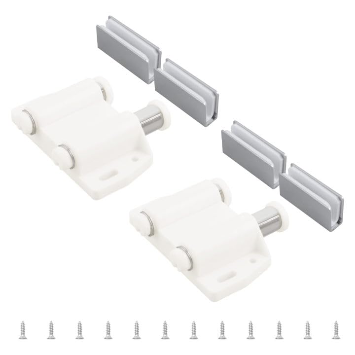 UFURMATE Glass Door Magnetic Catch, 2 Set Push Open Double Glass Latchs with Adjustable Cabinet Clamp, Fit for 3-6mm Free-Swinging Doors (Silver & White)