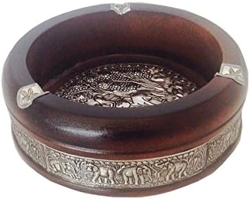 Vintage Ashtray Solid Wood Dark Brown Elephant Metal Craved 7 Inch Portable Retro Cigarette Holder For Smokers Art Modern Souvenir Gift
