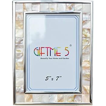 GIFTME 5 Silver Picture Frame 5x7 Mother of Pearl 5by7 Mosaic Photo Frame Display 7x5 Inch Photo Glass Tabletop Frame(Natural White)