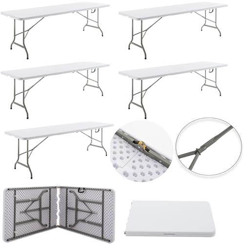 BTEXPERT Set of 5, 8-Foot - 96" Long White Plastic Folding Table Portable 30" W…