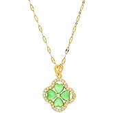 Lucky Four Leaf Clover Green Cat Eye Stone Stainless Steel Pendant Necklace for Women Cubic Zirconia Heart Leaves Charms Adjustable Chain Clavicle Choker Fashion Good Luck Irish St Patricks Day Gifts
