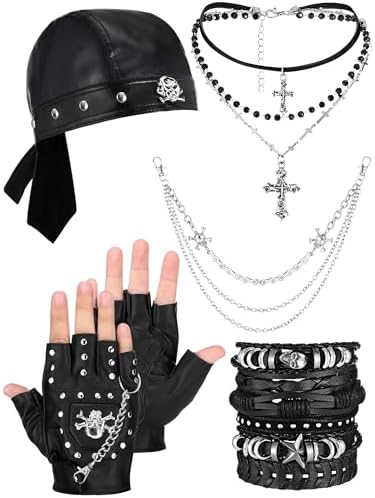 Set De 9 Accesorios De Rock Y Metal Pesado – Mangas De Tatuaje, Anillos, Pulseras, Guantes Y Diadema, Disfraz Gótico Y Punk Para Fiestas