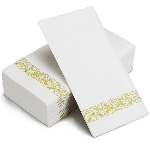 Urvoix Disposable Paper Napkins, Party Dinner Guest Paper Hand Towels | Gold Floral Trim (100-Pack)