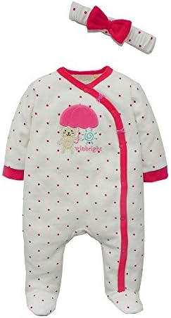 Winbright Baby Girl's "Lovely Bear" Striped Footed Fleece Sleeper With Head Band(White) - 3 Months