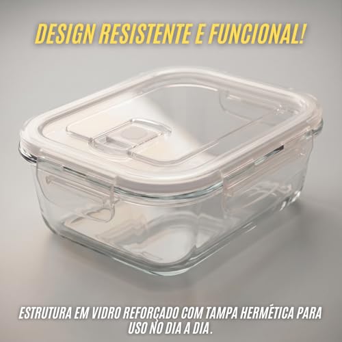Kit 5 Potes Herméticos de Vidro Resistente de 650ml com Travas de Segurança e Tampa com Válvula | Próprio para Freezer, Microondas e Forno - Kit 5 Unidades