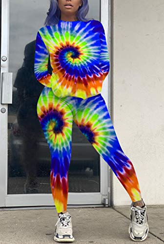 Womens 2 Pcs Long Set Casual Outfits Tie Dye Print Long Shirts Bodycon Sportswear Set Activewear RoyalBlue M - Thumbnail 3