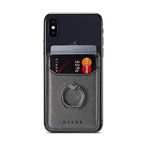 Phone Card Holder with Ring Grip for Back of Phone,Adhesive Stick-on Credit Card Wallet Pocket for iPhone,Android and Smartphones (Black)