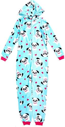 Jelli Fish Kids Girls Hooded Fleece Sleeper, Pugs and Hearts (Small - 6/6X)