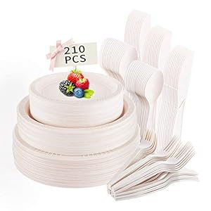 210PCS Re-usable Tableware Set, Cornstarch Cutlery Plates, Forks, Knives,Spoons Included, Eco-Friendly Cornstarch Dinnerware for Christmas Party BBQ Picnic