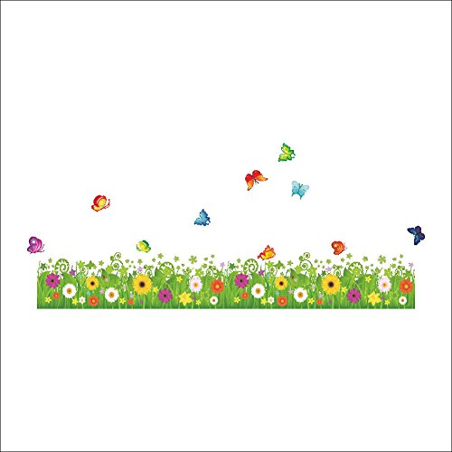 BIBITIME Flowering Grassland Flower Border Decal Butterflies Wall Skirting Sticker for Bathroom Glass Door Window Kitchen Lockers Nursery Decor Art Mural