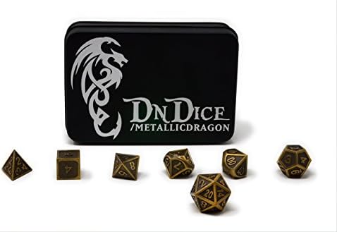 DnDice Metal Dice Set Poly Dice Set for D&D in Metallic Dragon Insignia Tin (Bone Gold)