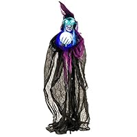 Halloween Haunters 6 Foot Animated Standing Spell Casting Purple Wicked Witch with Magic Crystal Ball Prop Decoration - Speaks, Cackles, Flashing Green LED Eyes, Light Up Crystal Ball, Witches Brew