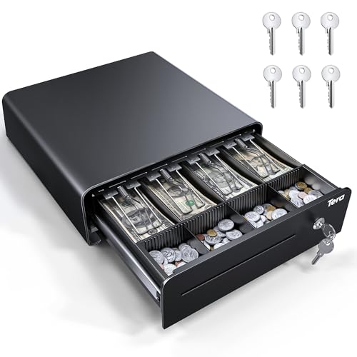Tera Cash Register Drawer 13 inch: Auto Open with 6 Keys Heavy Duty 4 Bill 4 Coin Removable Cash Tray Media Slot 24V RJ12 Key-Lock Round Corner for POS System Small Businesses Retail 335R Black