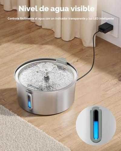 Fuente para Gatos Acero Inoxidable, 3.2L con Boquilla de Flor, Filtración de 5 Etapas, Ventana de Nivel y Fácil Limpieza - Ideal para Gatos y Perros Pequeños, Incluye 4 Filtros de Repuesto
