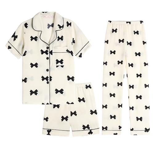 Hupohoi Big Girls Button Down Pajama Set 3pcs Short Sleeve Long Pants with Shorts Crepe Wrinkled Fabric Sleepwear Nighty