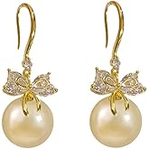 MIKAMU 14K Gold Ribbon Bow Earrings for Women CZ cubic zirconia Gold Plated Pearl Ear hook for Women Jewelry