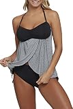 Elisan Woman Sexy Halterneck Bandeau Ruched Top 2pcs Plaid Flyaway Tankini Swimsuit Bathing Suit,Black,Small