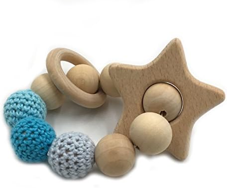 Amyster Crochet Bead Teething Ring Set Untreated Beech Teether with Organic Wood Star Toy Wood Bracelet Baby Mom Kids Wooden Teether Bangle (Star)