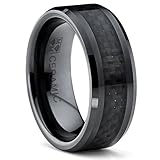 8MM Flat Top Men's Black Ceramic Ring Wedding Band With Black Carbon Fiber Inlay Sizes 5 to 15