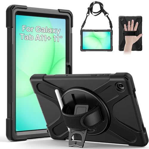 Gerutek Anti-Drop Case for Samsung Galaxy Tab A11 Plus 11" 2025, (SM-X230/X235/X236B), Rugged Case with Rotating Stand, Hand/Shoulder Strap, Pen, Galaxy Tab A11+ Plus Case, Black
