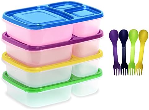 Ekarro Lunchboxes 3 Compartment Bento Lunch Box Set W/ Matching Spoon/Fork Set of 4 Containers