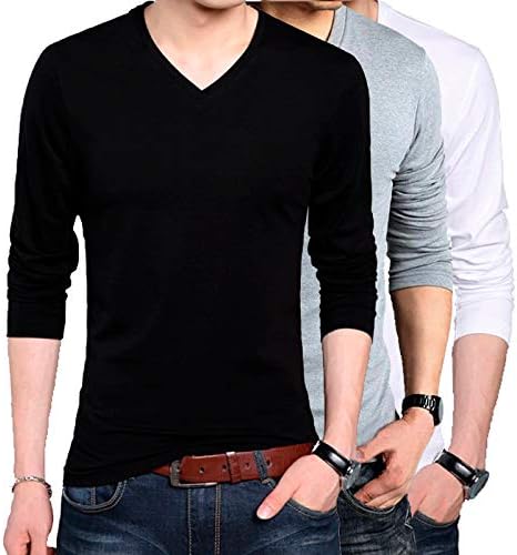 Wild Thunder Men 3 Combo T Shirt - Full Sleeve V Neck Plain 100% Cotton T Shirt - Black, White and Grey Colour Combo Full Hand V Neck Cotton T Shirt