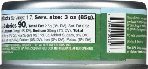 WILD PLANET ORGANIC ROASTED CHICKEN BREAST, SKINLESS AND BONELESS, NO SALT ADDED, 100% CHICKEN BREAST, 5 OUNCE
