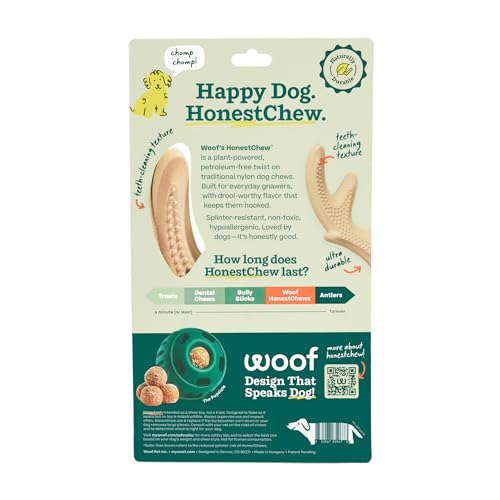 WOOF HonestChew Dog Toy Antler - Durable Dog Chews - Made with Natural, Plant-Based Ingredients - Splinter-Resistant - Great for German Shepherds and Pit Bulls - Large