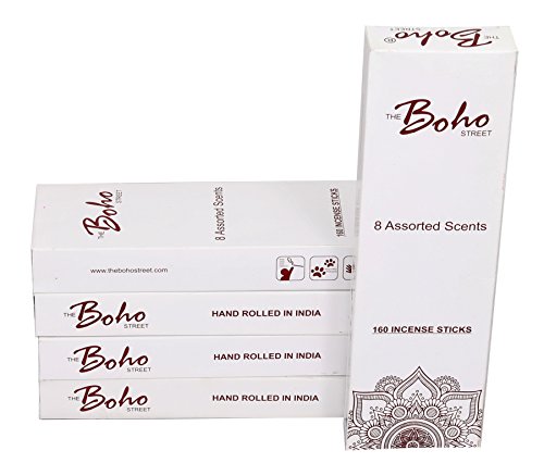 The Boho Street Premium Incense Sticks - 8 Assorted Fragrances Sandalwood, Patchouli, Nag Champa, Lavender, Rose 20 Sticks Each 100% Hand Rolled & Dipped in India 20 x 8 Total 160 Sticks Pack (160)