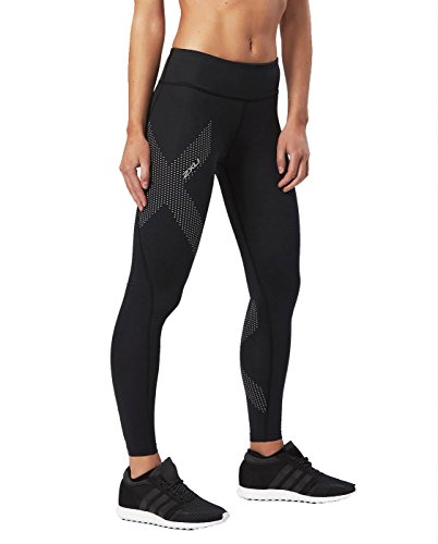 2XU Women's Mid-Rise Compression Tights, Black/Dotted Reflective Logo, Large/Tall
