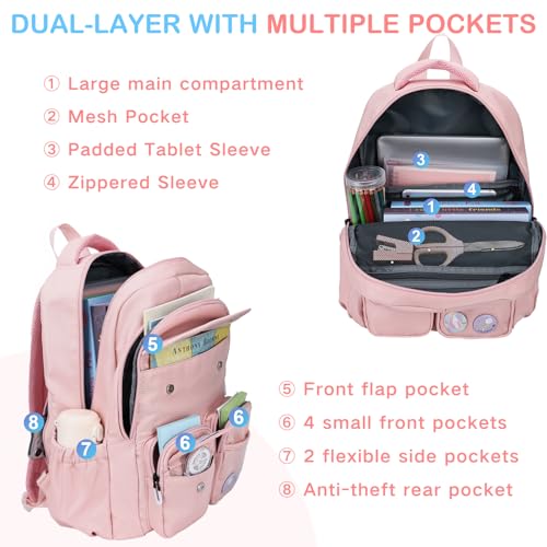 VASCHY Pink School Backpack Large 18 L Waterproof for School, Girl 8-12 Years, 30 × 14 × 44 cm