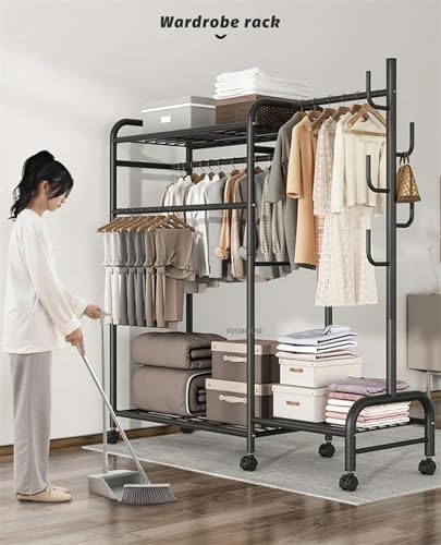 Clothes Hanger Stand with Shelves, Garment Rack, Free Standing Metal Clothing Hanging Rack, Single Rail, Wardrobe Top&Bottom Storage Shelf, Shoes Handbags Baskets, Bedroom Garment Organizer (A-Black)